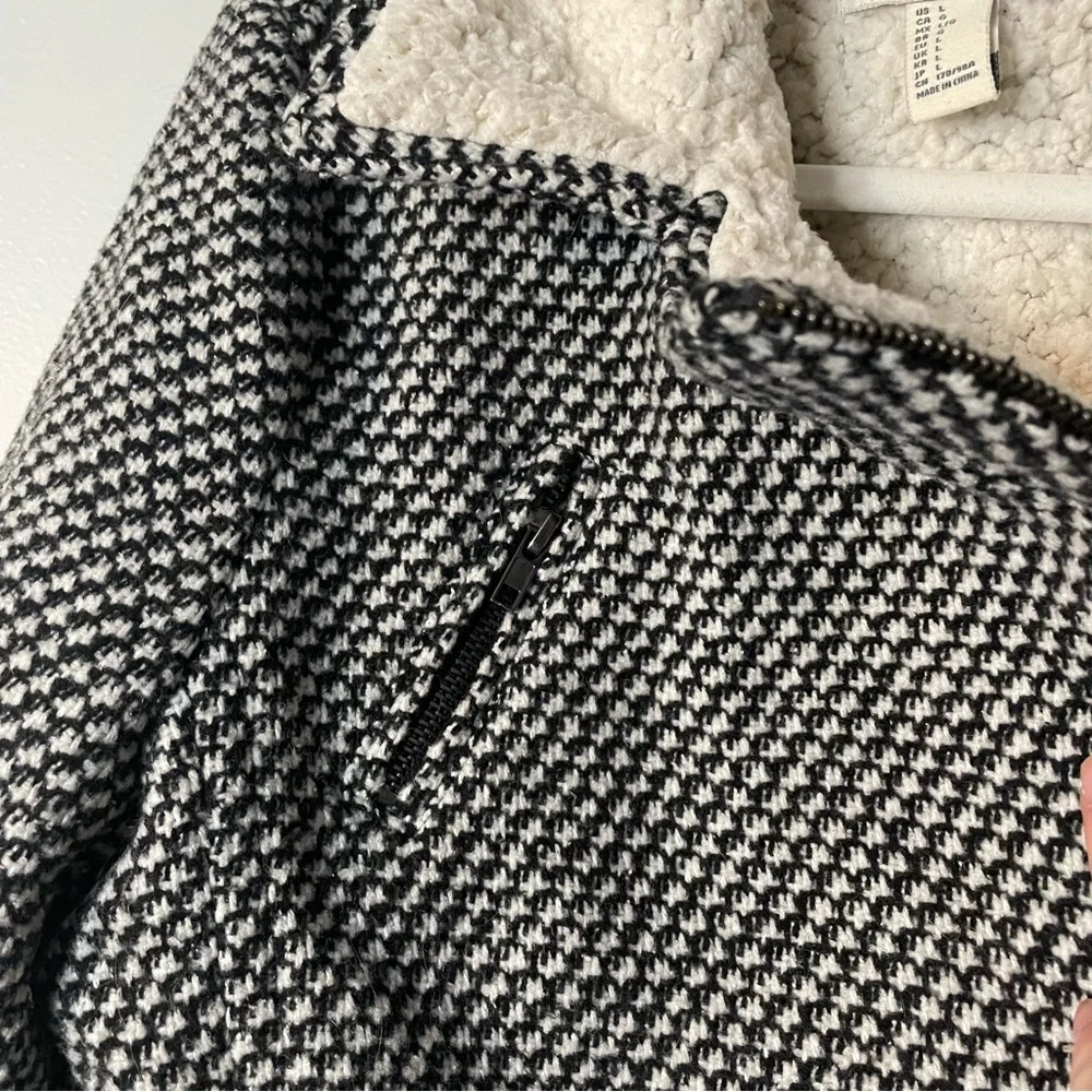 Forever 21 Sherpa Lined Houndstooth Patterned Wool Blend Zip Up Jacket Coat Lg - Picture 7 of 8